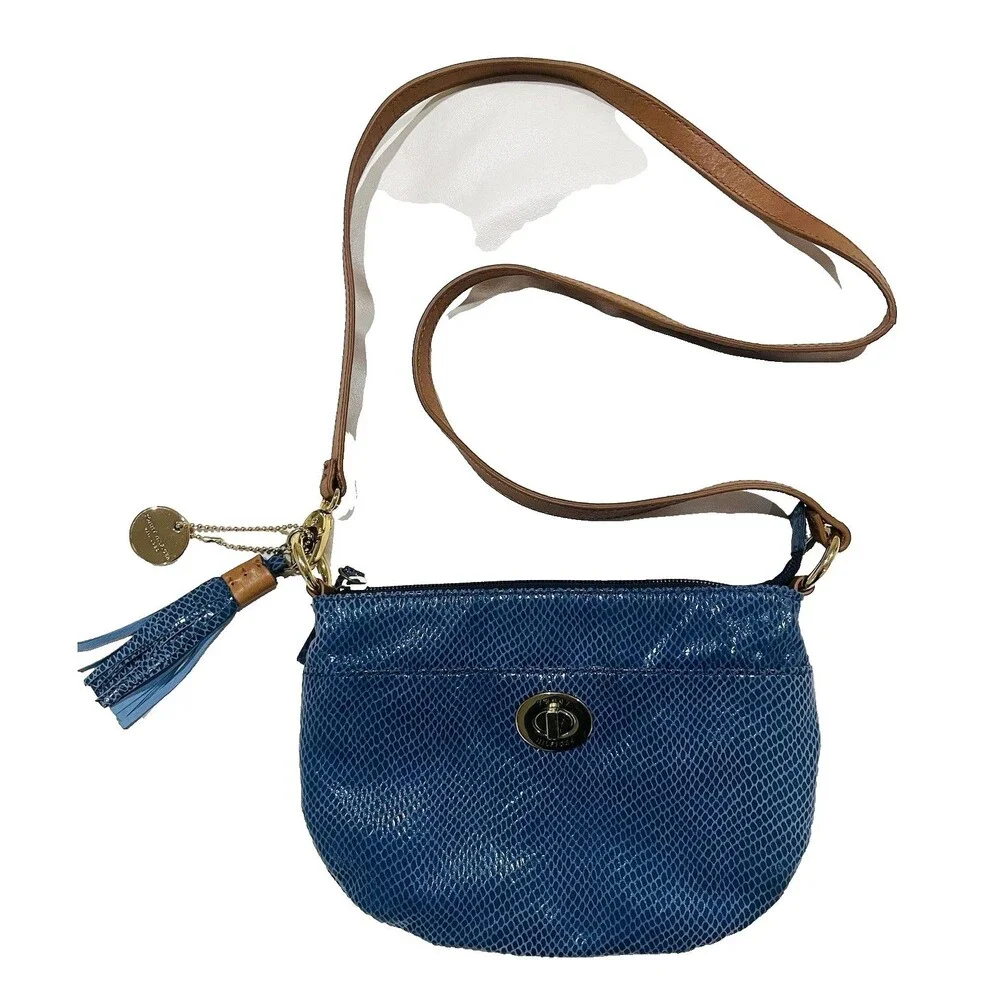 Vintage 80s Faux Snakeskin Tommy Hilfiger Crossbody Bag Blue Gold 9.5 In Tassel